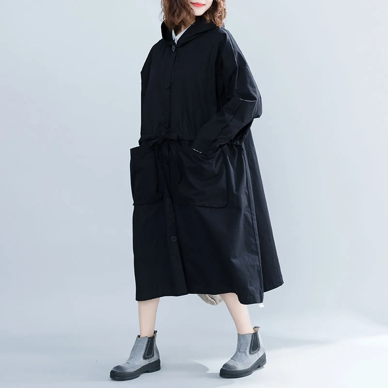 

Women Oversized Trench Coat Hooded Single Breasted Drawstring Waist Loose Long Coat Casual Outwear Black Loose Long Windbreaker
