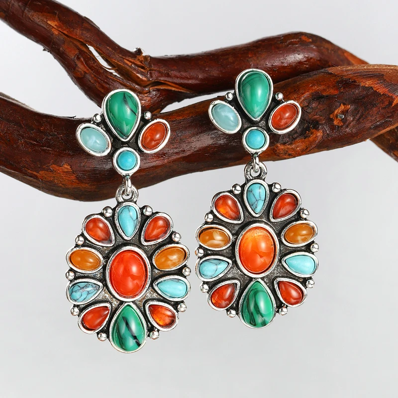 

Female Jewellery Fashion luxury red agate Turquoise mixed color gem Earrings retro natural stone exaggerated Pendants Earrings