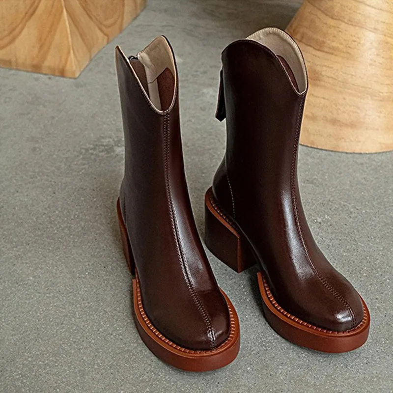 

Женские ботинки до середины икры, ботильоны на платформе и высоком устойчивом каблуке, обувь из искусственной кожи на молнии с круглым носк...