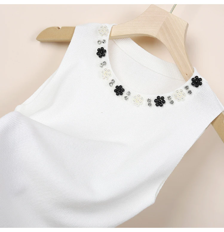 Женская белая вязаная майка с жемчугом элегантный модный топ круглым вырезом без