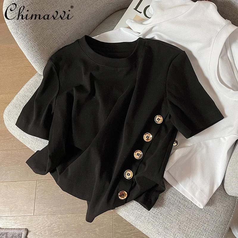 

Женская короткая футболка с коротким рукавом, черная трикотажная футболка большого размера с металлической пряжкой в Корейском стиле, лето...