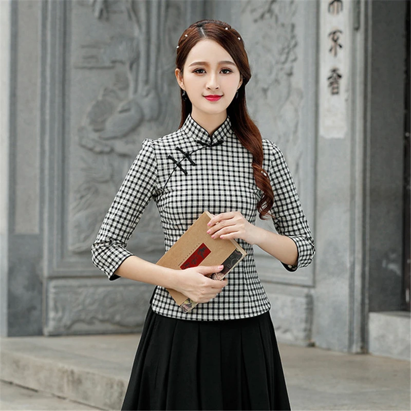 

Cheongsam sexy shirt plaid simple slim women Blouse 2020 Chinese retro short elegant kung fu shirt plus size hanfu new arrival