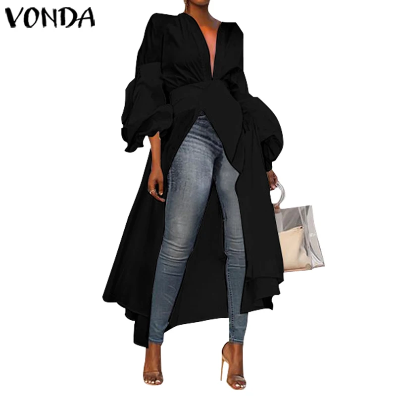 VONDA, Женская Осенняя модная длинная рубашка с длинным рукавом, блузки, асимметричная туника, топы, Blusas Femininas размера плюс вечерние рубашки 5XL - Цвет: Черный