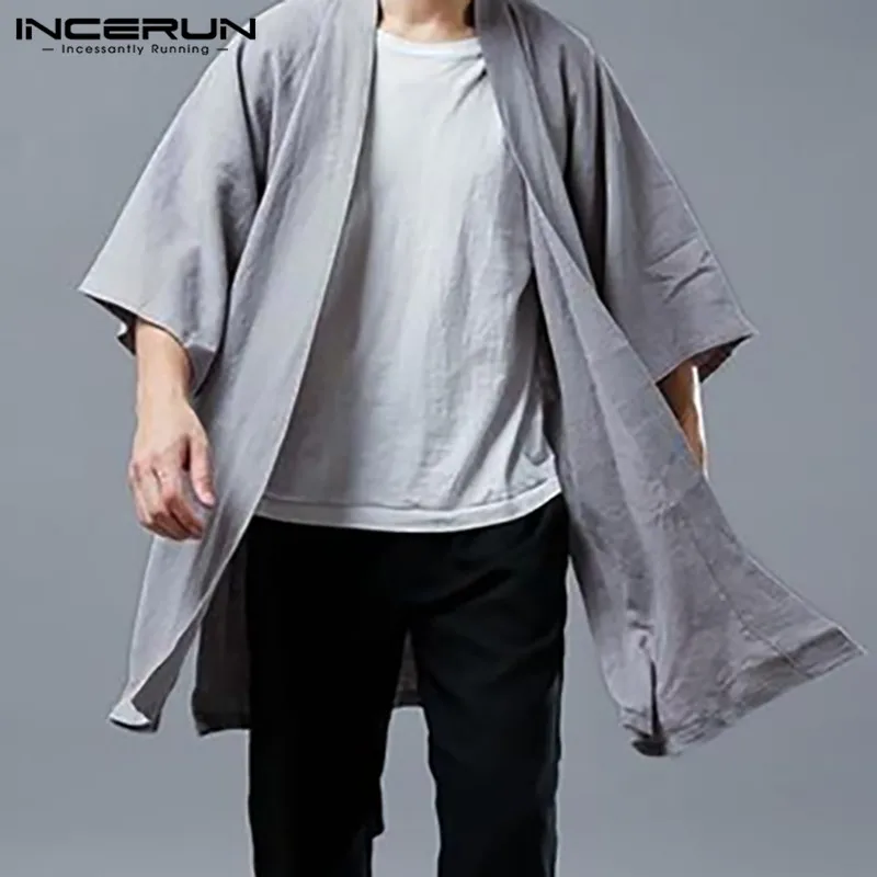 

Vintage Men Shirts Solid Color Open Stitch Camisa INCERUN Retro Loose Half Sleeve Cardigan Shirts Cotton Pockets Chemise S-5XL 7