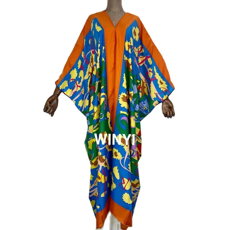 

vestido de mujer high-quality hand-rolled twill fashion print 2021 WINYI Maxi women's robes long beach V-neck Bohemian dress
