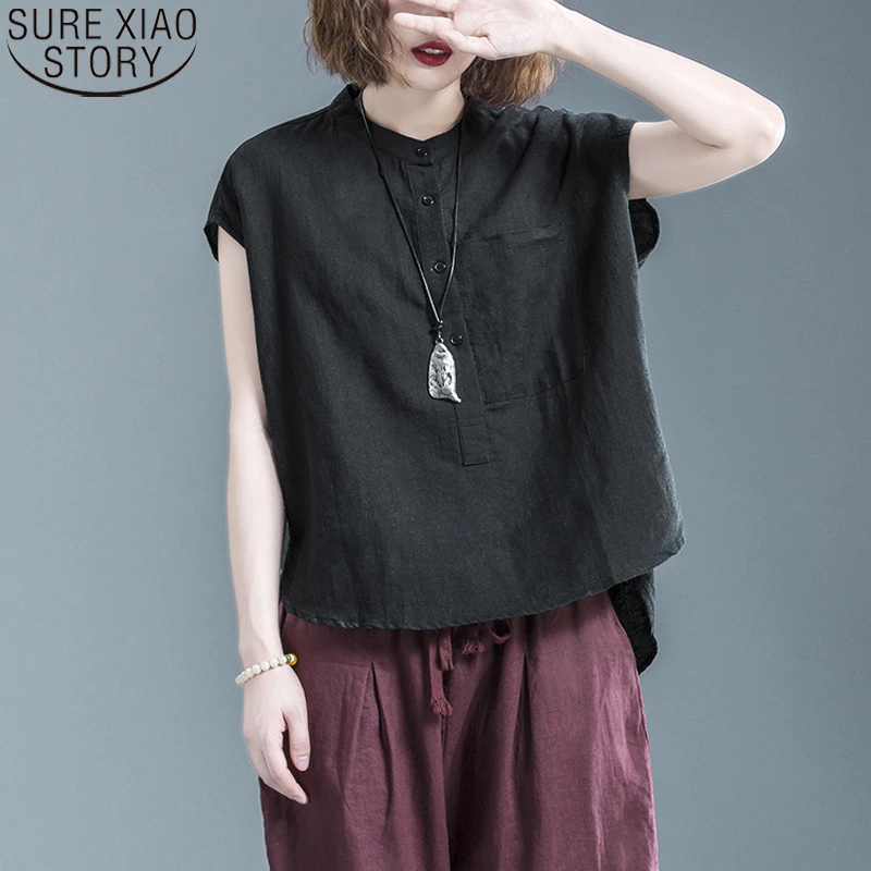 

Женская свободная рубашка с коротким рукавом, из хлопка и льна