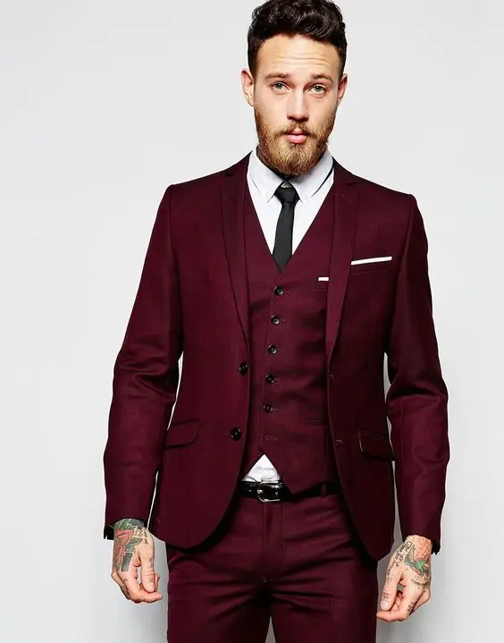 

Fad Latest Coat Pant Designs Burgundy Men Suit Slim Fit Groom Style Suits Tuxedo 3 Piece Prom Blazer Masculino Jacket+Pant+Vest