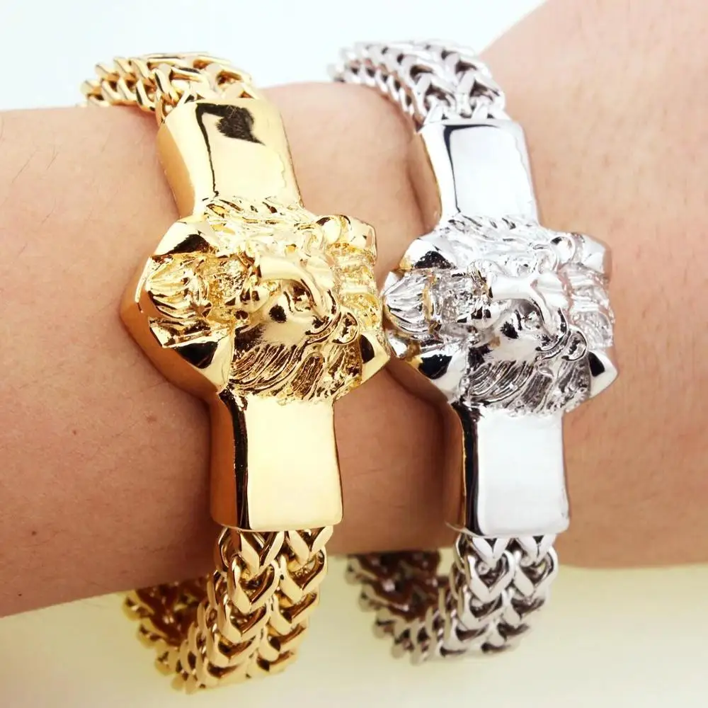

Punk Fashion Men Gold Plated Lion Head Figaro Chain Link Bracelet High Quality 316L Stainless Steel Jewelry 15mm*8.66inch