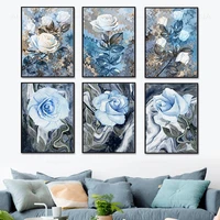 nordic abstract blue flower leaf poster rose canvas painting modular wall art picture for living room bedroom home decoration