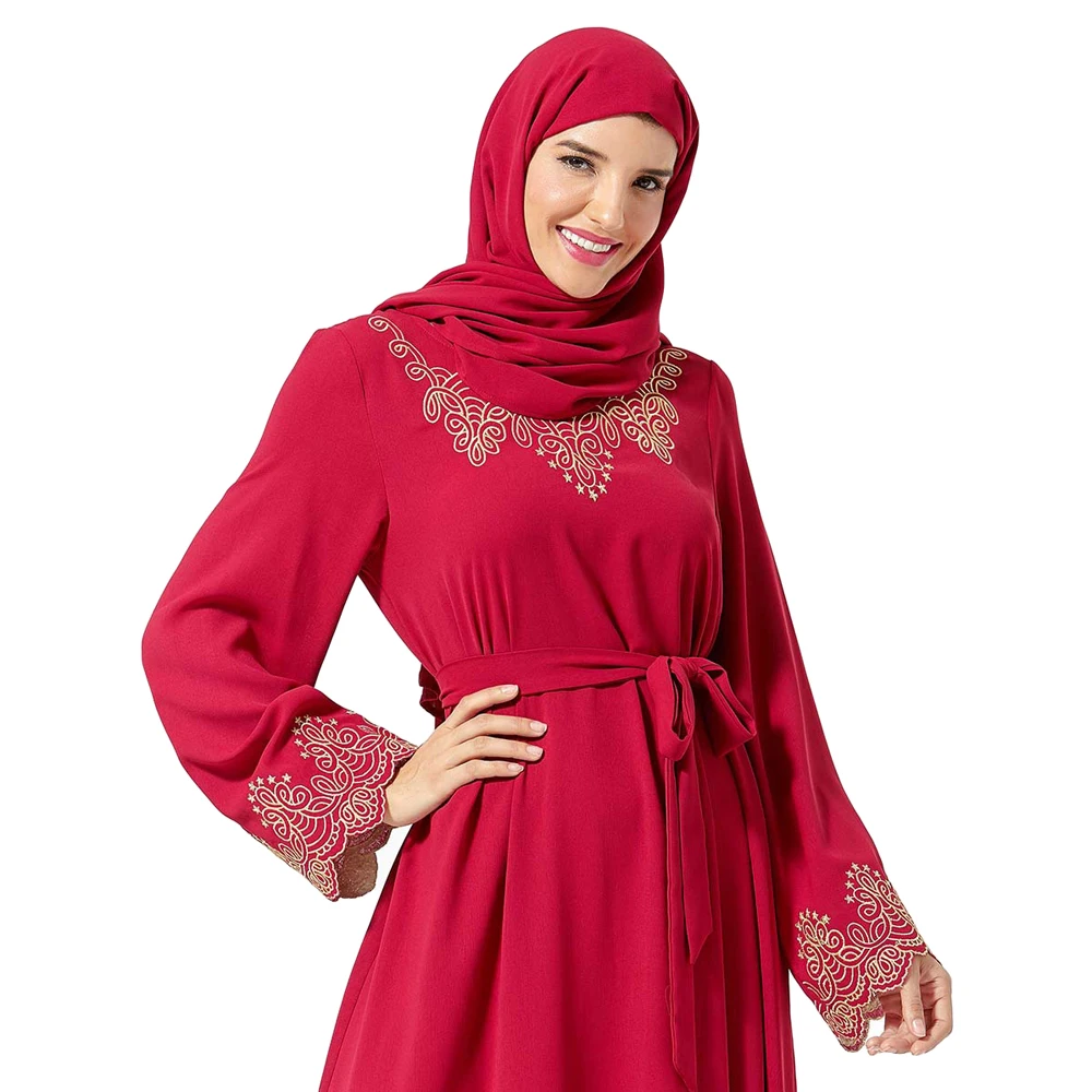 

Women Muslim Long Maxi Dress Embroidery Kaftan Islamic Cocktail Gown Dubai Jilbab Arab Turkish Malay Robe With Belt Fashion New
