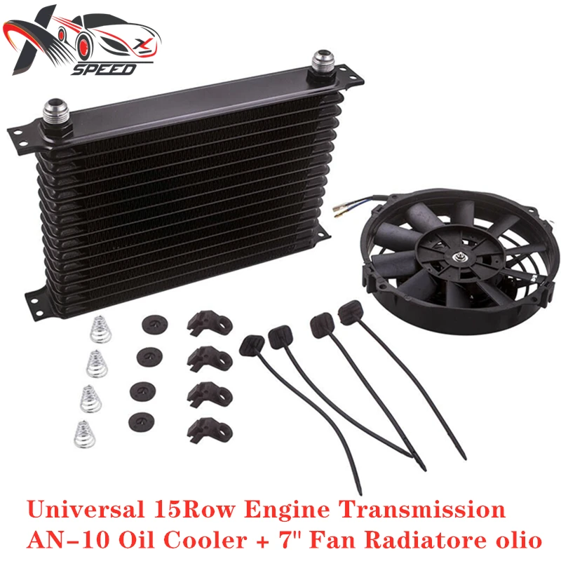 

Universal 15 Row Oil Cooelr Aluminum Engine Oil Radiator 10-AN 15-Rows & 7'' Cooling Fan