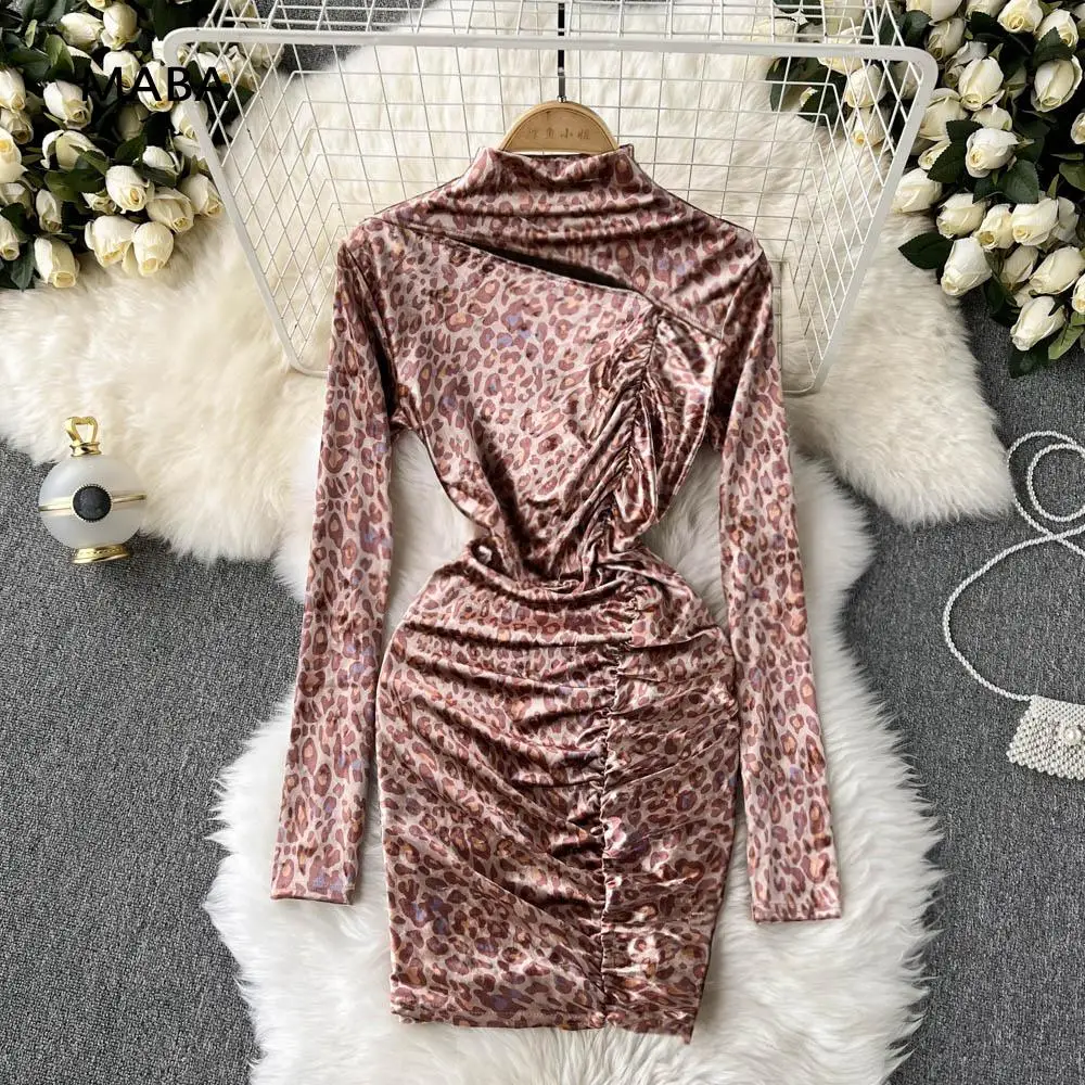 

New Autumn Women Turtleneck Leopard Velvet Bodycon Dress Long Sleeve Folds Hollow Out Party Club Mini Dress Vestidos Robe Femme