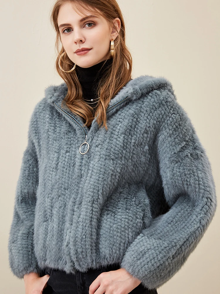 Женское пальто из натурального меха норки вязаная норковая куртка с капюшоном