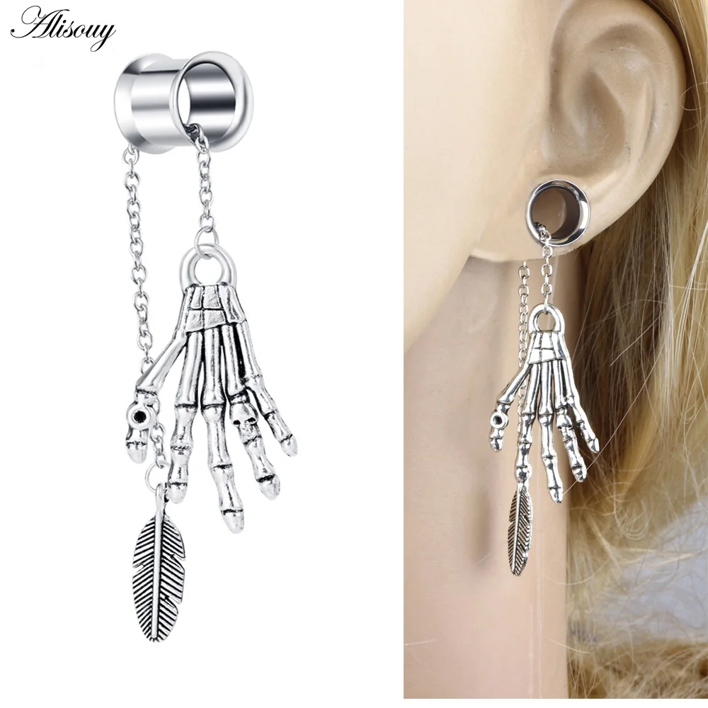 EM0875O Finger leaf Alisouy 2 шт. ушные туннели и Плаги плоти 6-30 мм нержавеющая сталь, Висячие Серьги Туннели расширитель Набор ушко ювелирные изделия для пирсинга тела - Окраска металла: EM0875O Finger leaf