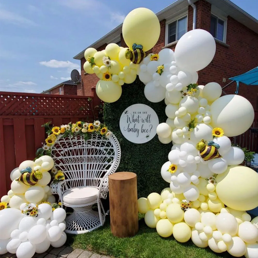 Guirnalda de globos de abeja blanca y amarilla, Kit de arco de aluminio, globos de abeja para Baby Shower, decoraci&oacute;n para fiesta de d&iacute;a de abeja, 129 Uds.-0