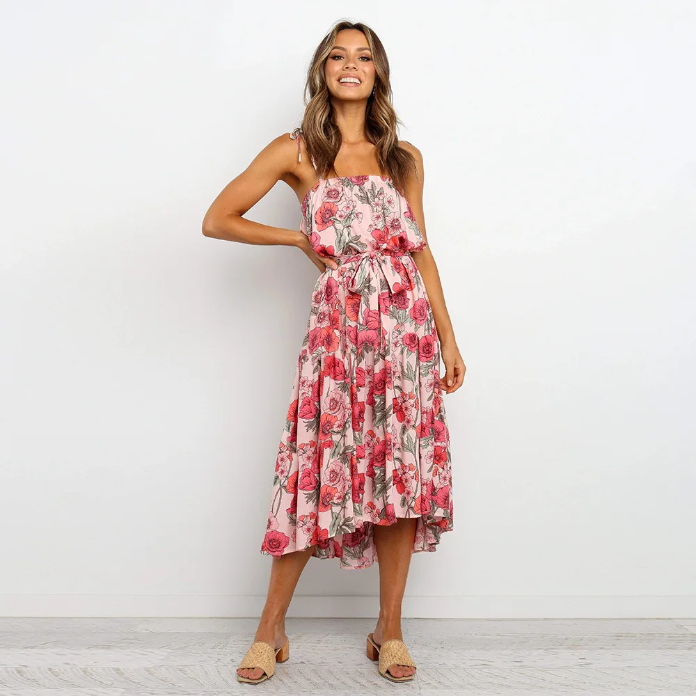 

2021 New Summer Sexy Spaghetti Strap Print Dress Women Sleeveless A-line High Wasit Mid-calf Dress