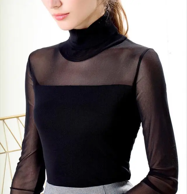 2019 весна осень черная сетка пэчворк Сращивание футболка женская с длинным