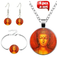 buddha statue art photo jewelry set cabochon glass pendant necklace earring bracelet totally 4 pcs for women fashion party gifts
