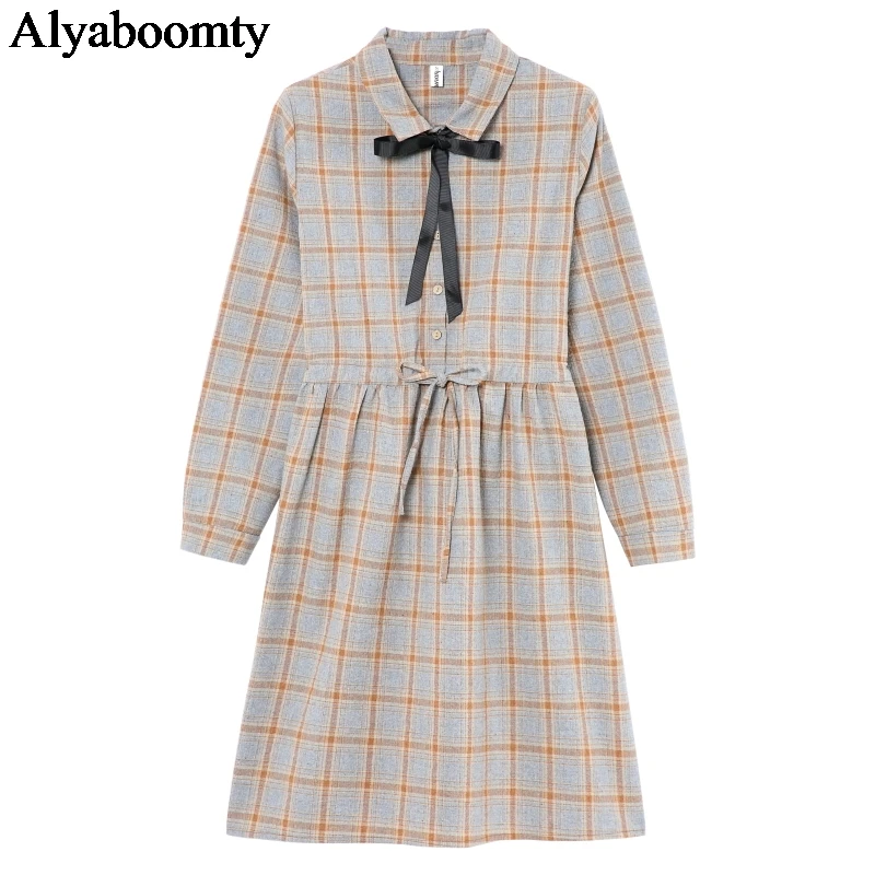 

Japanese Mori Girl Autumn Spring Women Plaid Dress Turn-Down Collar Contrast Color Sashes Vestidos Long Sleeve Vintage Dresses