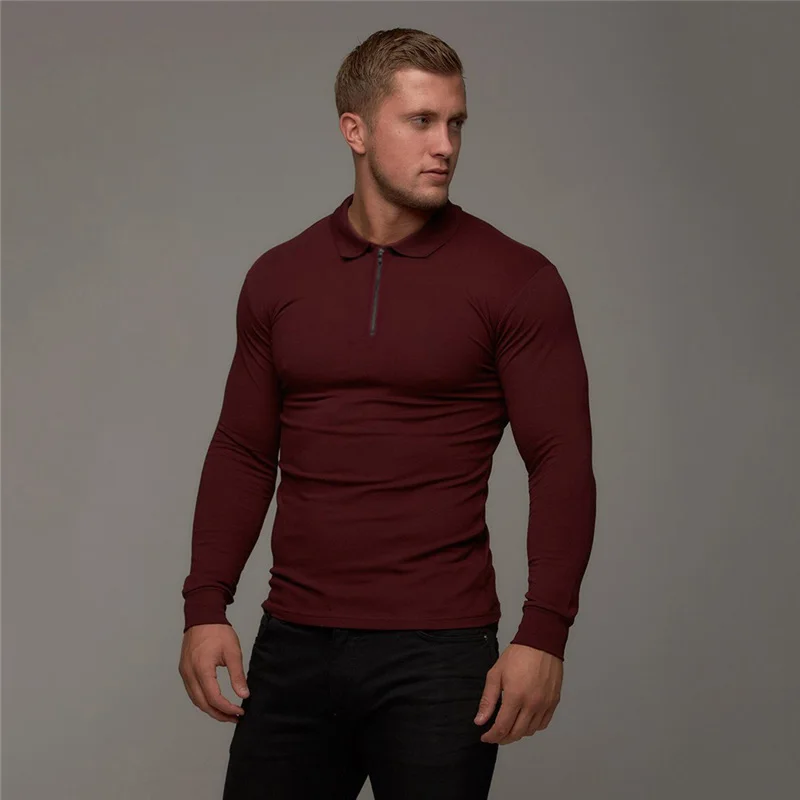 

Brand Gym Fashion Zipper Polo Shirt Mens Clothing Workout Casual Breathable Sports Long Sleeve Bodybuilding Muscle Polo Shirts