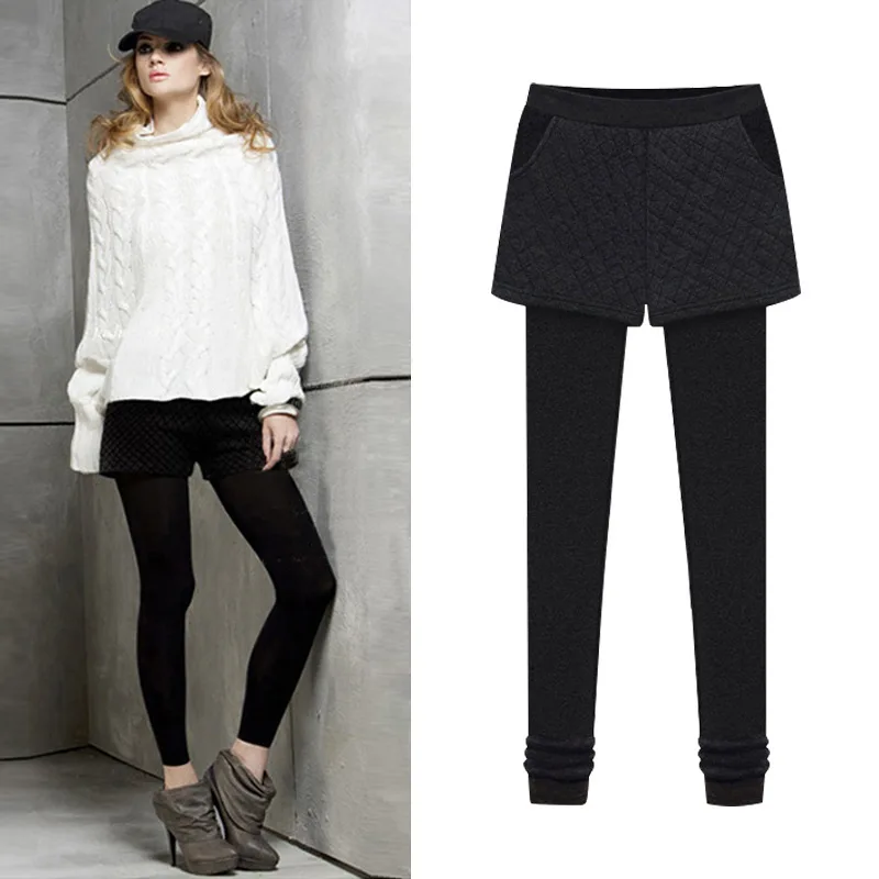 Women's Full Length Legging Fake 2 Pieces With Pockets Winter Thick Warm  Skirts Legging Shorts ouc1342