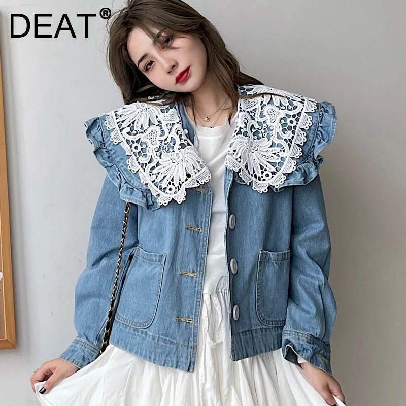 

DEAT 2021 Autumn New Fashion Patchwork Simple Doll Collar Single Breasted Pocket Long Sleeved Denim Jacket Female 7I1612