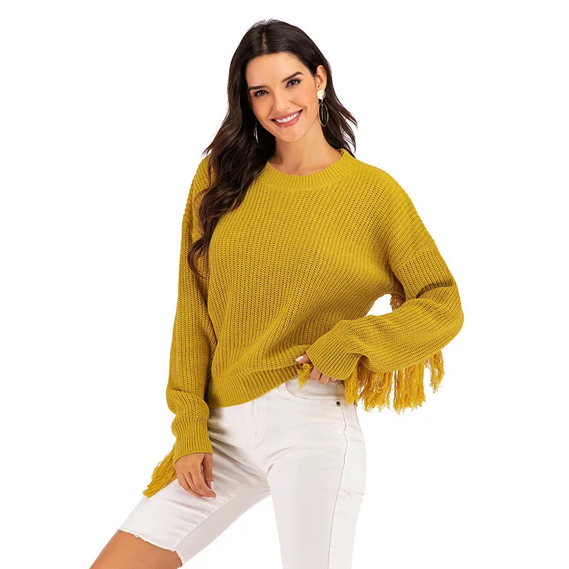 Женский пуловер с длинным рукавом повседневный желтый свитер круглым вырезом и