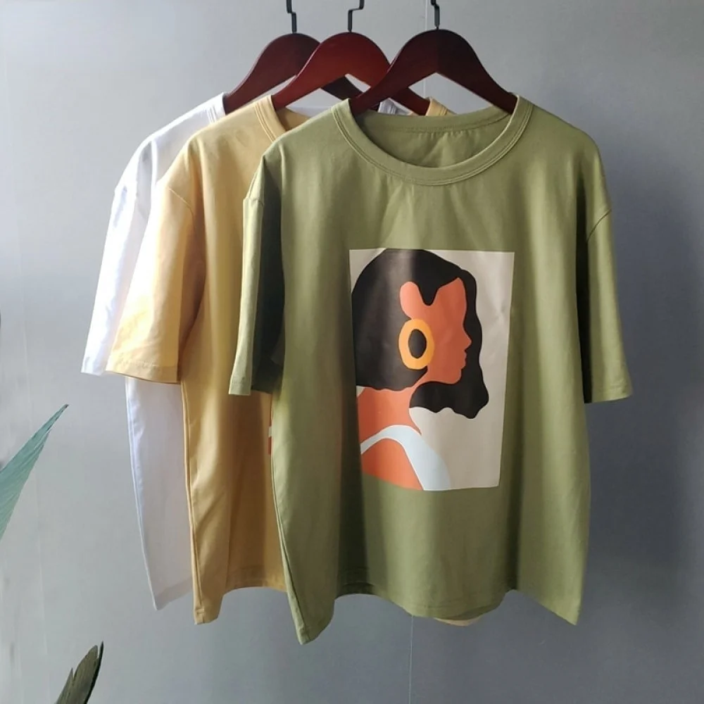 

2021 summer character t-shirts fashion girls tops short sleeve printing t-shirts Korean women clothes 95% cotton