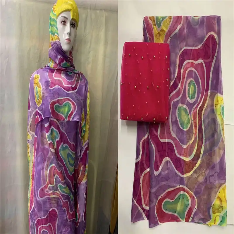 

5+2 Yards/set African soft silk fabric for garment neat embroidery on the satin material with swiss voile lace tissu! LXF1010165