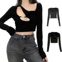 hollow out crop top y2k punk tee shirts for women asymmetrical gothic streetwear 2021 spring sexy skinny club clothes top