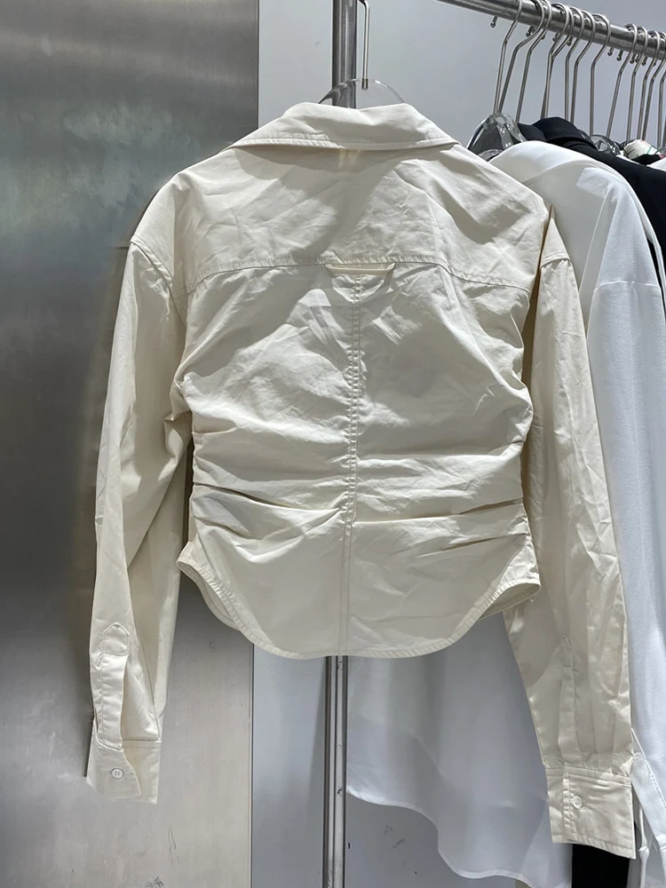 

Solid color cotton blend sexy chest pleated exposed clavicle waist short shirt ladies spring new fashion all-match Slim top