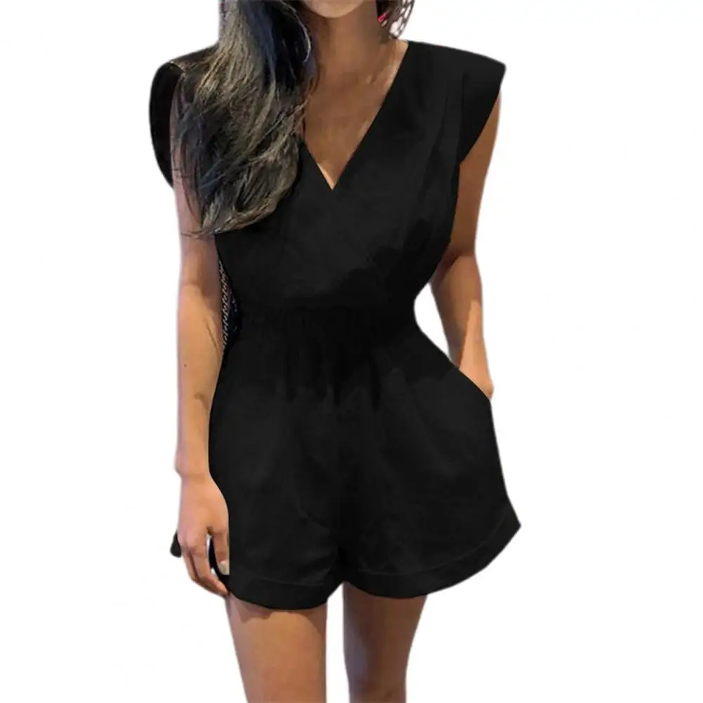

Summer ladies jumpsuit flexible V-neck open back solid color sleeveless shorts outdoor casual ladies jumpsuit