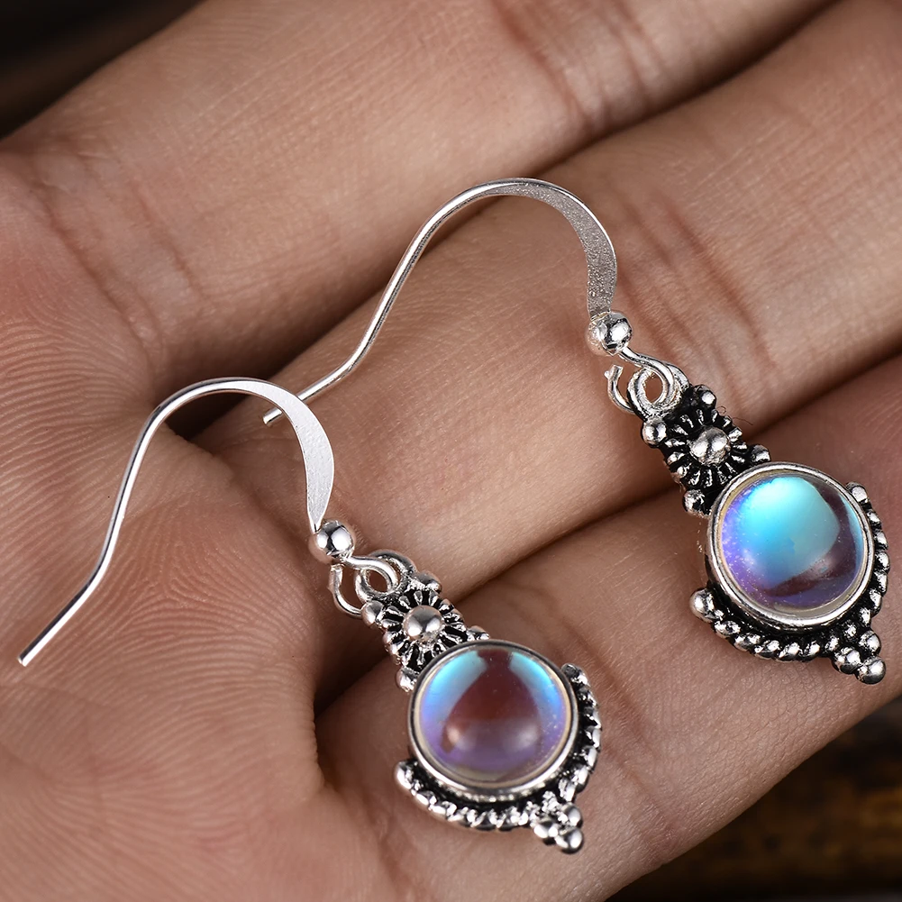 

Fashion Vintage Silver Moonstone Dangle Earrings for Women Bohemia Hook Earrings Long Eardrop Jewelry Gift