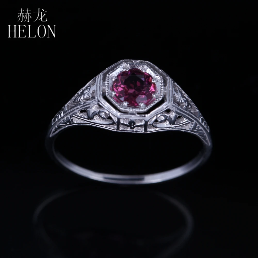 

HELON Solid 14K White Gold Round 0.4ct 100% Genuine Tourmaline Engagement Wedding Ring Women Trendy Vintage Style Fine jewelry