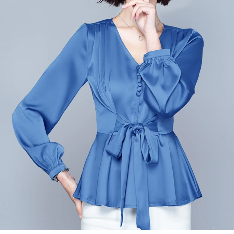 

M-4XLTemperament all-match chiffon shirt 2022 spring new long-sleeved satin shirt lace-up thin top fashion women's clothing