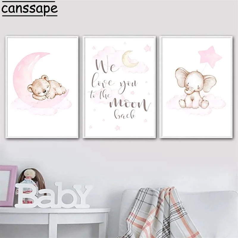 

Nursery Art Paintings Cartoons Print Animal Canvas Posters Bear Wall Prints Elephant Poster Nordic Wall Pictures Kids Room Decor