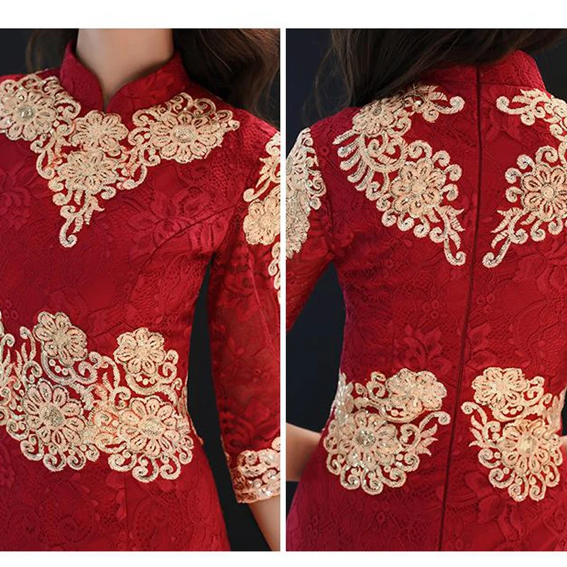 

Vestido chino Improved O-Neck Women Red Dress Chinese Classic Lace Embroidery Cheongsam Bride Toast Dresses Oversize Qipao