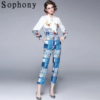 2021 runway design woman pants suits bow tie collar long sleeve blouse shirt and flower print long pants two piece sets s56609