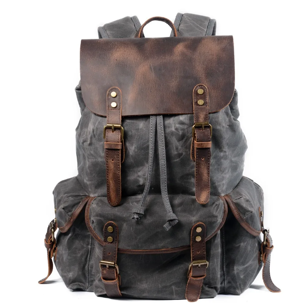 Casual oil wax Canvas Backpacks Vintage Waterproof Large Capacity Travel Bag Women Mochila Leather Laptop drawstring Rucksack