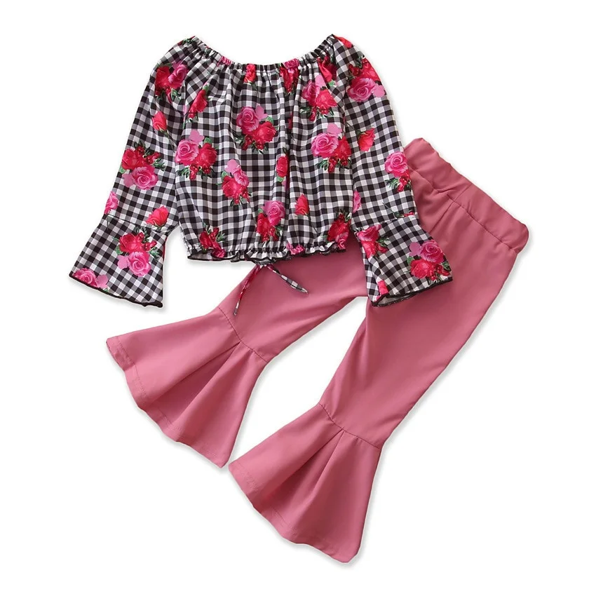 

Повседневные Модные топы с длинными рукавами для девочек + расклешенные штаны комплекты одежды из 2 предметов комплекты для маленьких девоч...