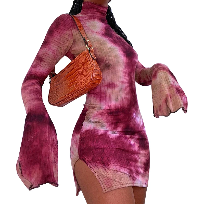 

BIIKPIIK High Split Women Dress Partywear Tie Dye 2021 New Fashion Spring Dresses Elegant Female Casual Bodycon Clothing