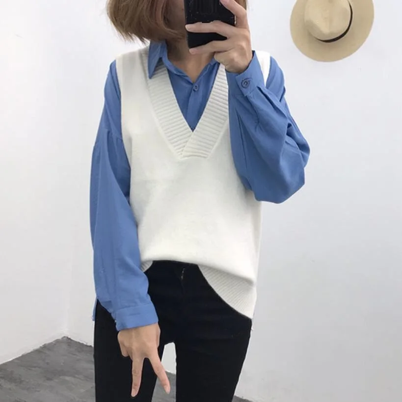 

2020 Autumn Korean Women Knitted Sweater Sleeveless Women Casual Vest Ladies V-Neck Pullover Tops Waistcoat Pull Femme JW9763