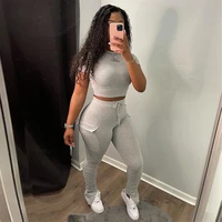 fitness solid sporty tracksuits women o neck short sleeve crop topspockets stacked sweatpant outfit yoga two piece sets joggers