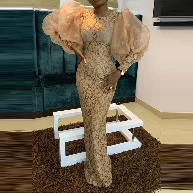 

Elegant Lace Prom Dresses Long Puff Sleeses Mermaid Formal Party Gowns Arabic Aso Ebi Muslim Evening Dresses Plus Size