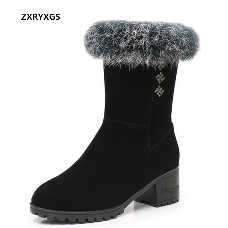 

Модные зимние сапоги из матовой воловьей кожи с кроличьим мехом; Теплая обувь; Женские зимние сапоги; Черная обувь; Сапоги-трубы; Женские ботинки