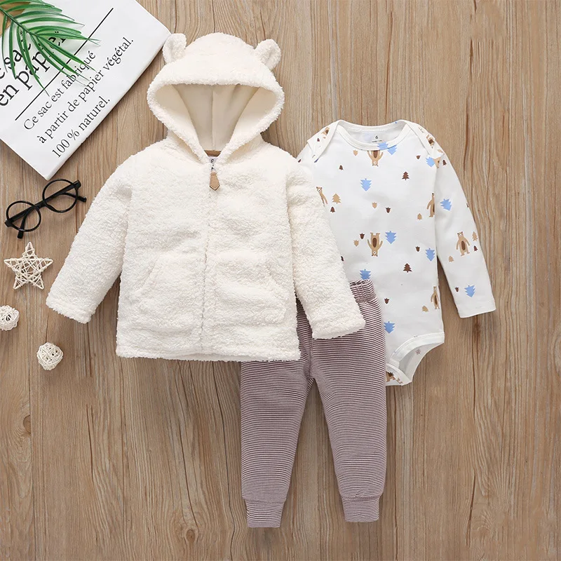 3PCS Infant Baby boy clothes sets Cartoon animals bear Winter warm Tops Coat Sweater+Bodysuit+Pants Neborn Fashion Outfits | Детская