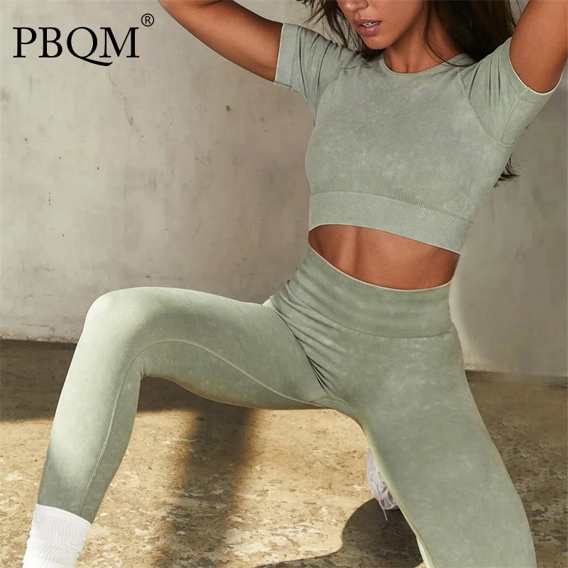 

Осенний бесшовный Трикотажный костюм для йоги PBQM 2021, Песочная стирка, костюм для фитнеса, комплект для йоги, брюки, фитнеса, однотонный дышащ...