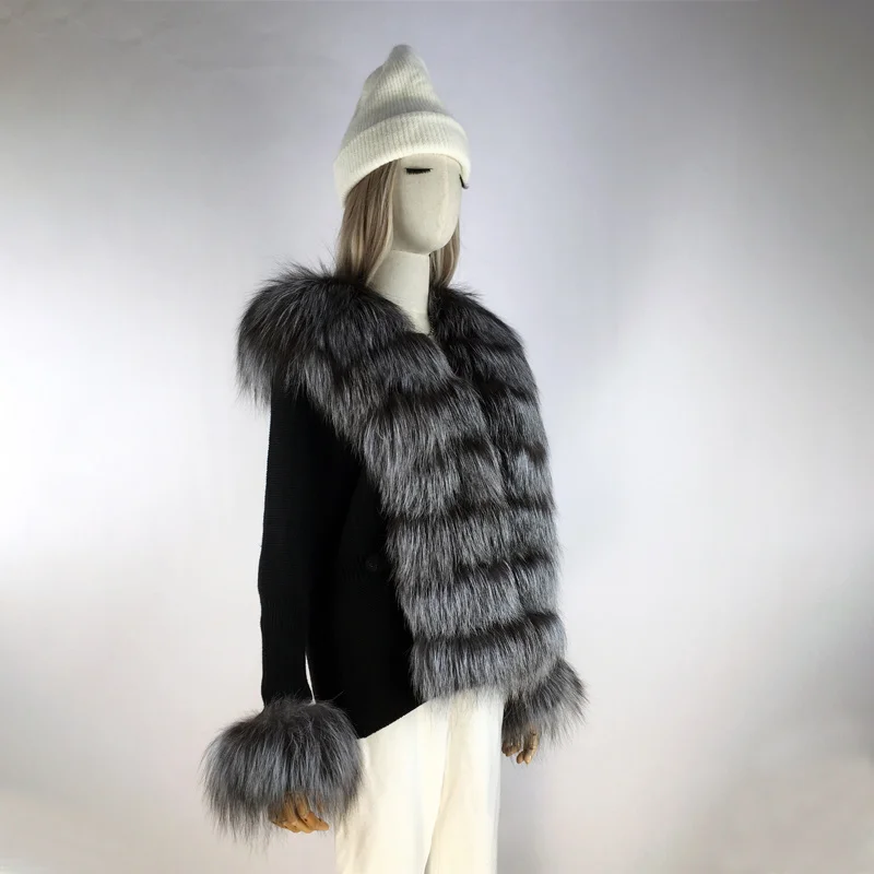 

Женский вязаный кардиган на пуговицах, Длинный эластичный кардиган с рукавом 2021 и воротником из натурального Лисьего меха, зимний сезон