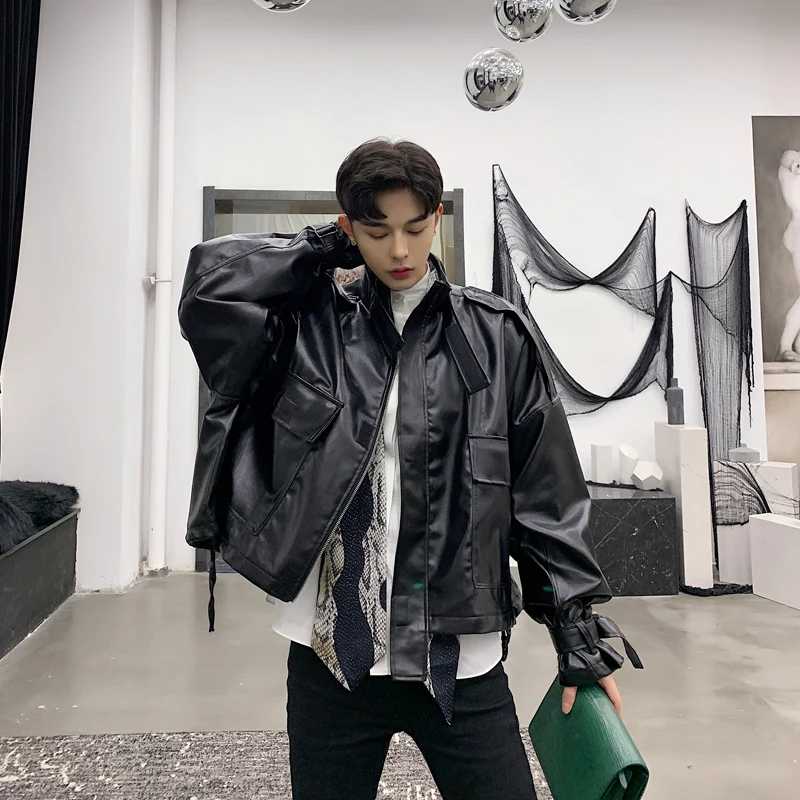 Куртка мужская из искусственной кожи свободная Короткая Повседневная с