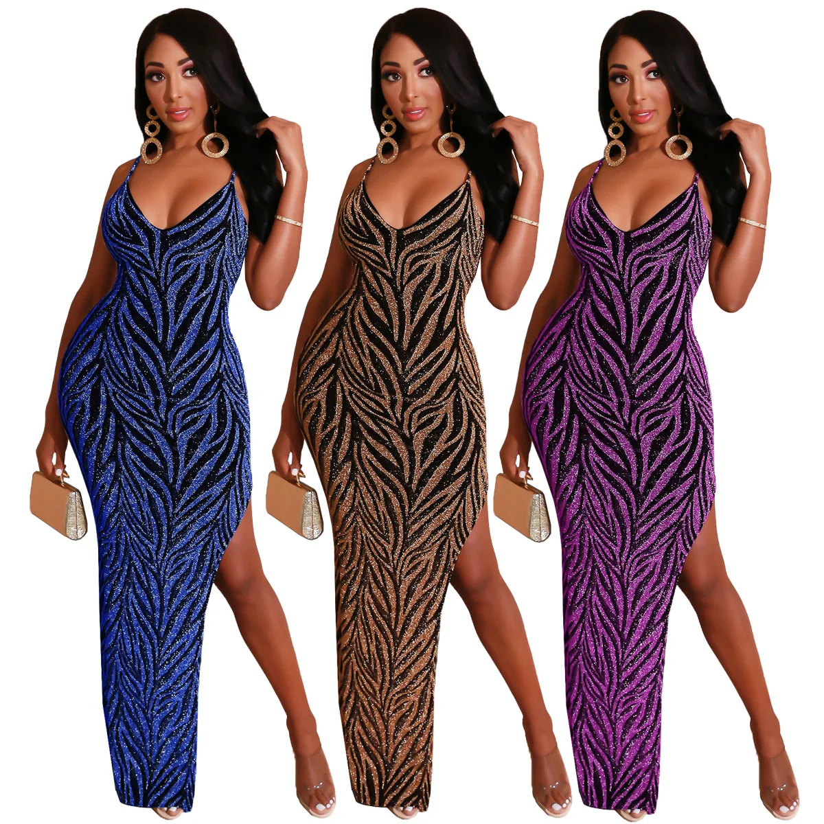Женское блестящее платье с V-образным вырезом и высоким разрезом | Женская одежда
